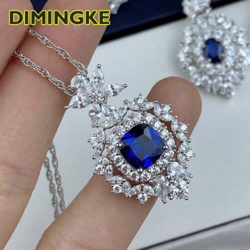 DIMINGKE 8*8MM Natural Sapphire Pendant Necklace S925 Silver AU750 Gold Memorial Day Party Woman Gift