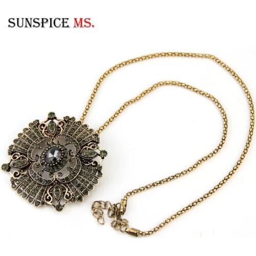 Sunspicems Vintage Turkish Pendant Necklace for Women Retro Gold Color Gray Rhinestone Jewelry