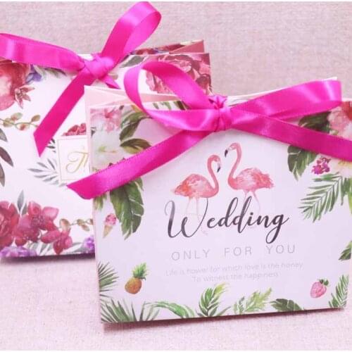 10PCS thanks ribbon summmer flamingos Candy Bag Box for Party Table Decoration/Event Party Supplies/Wedding Favours Gift Boxes