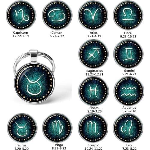 12 Constellation Jewelry Leo Virgo Libra Scorpio Sagittarius Zodiac Sign Keychain Glass Cabochon Pendant Key Chain Rings