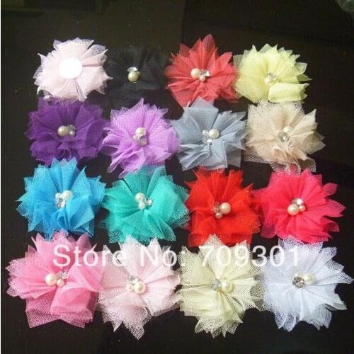 32 Colors 2.0" Tulle Flowers With Rhinestone Pearl Center Lace Flowers hair accessories 100pcs
