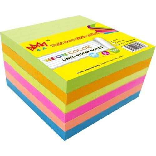 4A 404x6-N-L Sticky Notes 4 x 4 Inches Neon Assorted Lined Stationery Memo Pad Self-Stick Notes Kawaii Sticker Office Planner