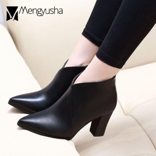V open cutout chelsea boots women brief thick high heels winter ankle botas mujer pointy motrocycle boots stivali donna c79