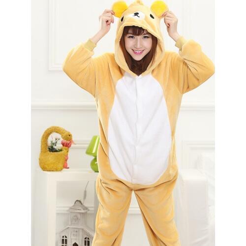 RILAKKUMA Bear Animal Cosplay Costume Onesie Hoodie For Adult Women Men Halloween Holiday Party Flannel Full Length