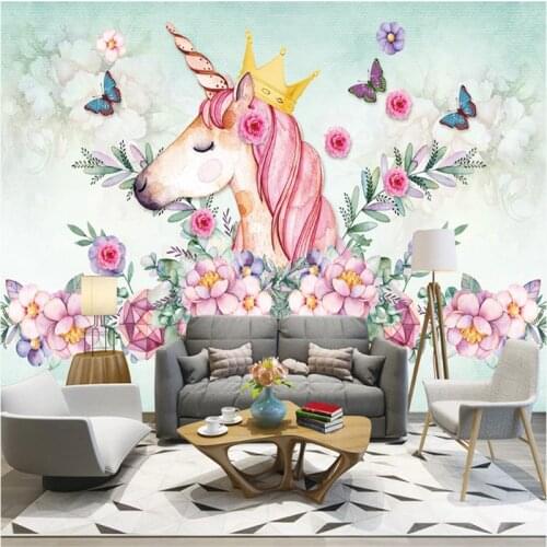 Nordic Unicorn Flower Butterfly Childrens Room Background Floral Mural Wallpapers for Living Room Bedroom Wall Papers Hom Decor