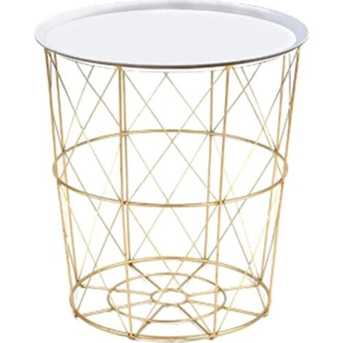 34.5 x 30.5 x 23cm Iron Metal Coffee Table Dirty Storage Basket Tea Fruit Snack Serving Board Tray Golden White Cover Trumpet