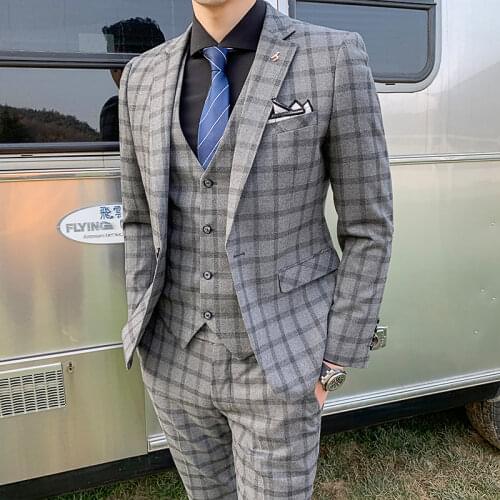 2021 Mens Suits Pants Vest Plaid Blazer Slim Fit Wedding Male Groom Tuxedos Dress Prom Jacket Trousers Waistcoat 3 Pcs Set
