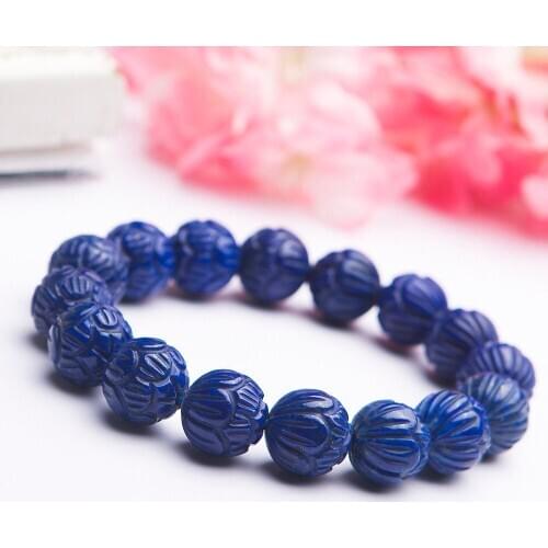 Genuine Natural Lapis Lazuli Royal Blue Stone Craved 14mm Flower Craved Round Beads Women Man Stretch Bracelet AAAAA Certificate