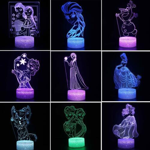 Disney Frozen Princess Queen Elsa Anna Children LED Night Light Cute Animal Olfa Sven 3D Illusion Table Lamp Girls Xmas Gifts
