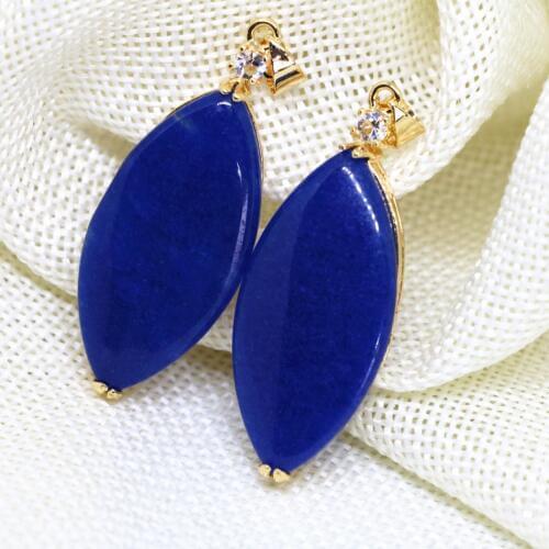Wholesale Women Oval Drop Pendant Blue Natural Stone Chalcedony Lapis Lazuli Fashion Elegant Gold-color Jewelry 18*38mm B1874
