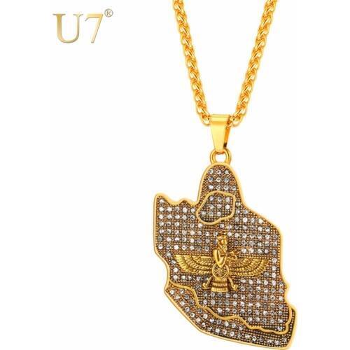 U7 Necklaces Ice Out Iran Map & The Faravahar Stainless Steel Big Pendant & Chain Gold Color Men Gift Map Jewelry Necklace P1144