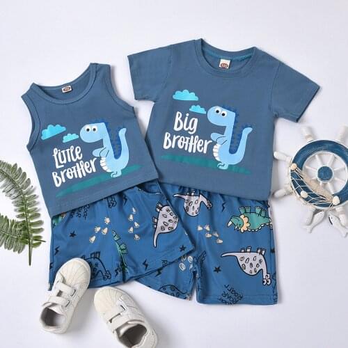 2 Pcs Baby Boy Casual Outfits, Dinosaur & Letter Print Round Neck T-shirt / Tank Top + Shorts with Pockets 1-5T