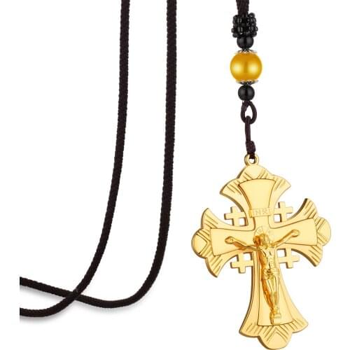 Religious Christian Large Jerusalem Cross INRI Crucifix Pendant Necklaces for Men Braided Rope Chain Church Nun Prayer Jewelry