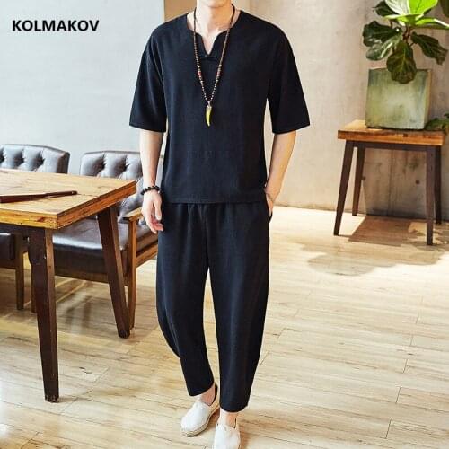 Shirt + trousers) 2021 summer men shirt Man Cotton and linen shirts mens High quality casual fashion shirts men size M-5XL