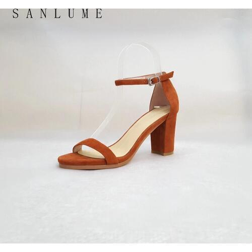 SANLUME New Arrive Summer Sandals Women Pumps Kid Suede Ladies Genuine Leather Sandal Sexy Ankle Strap Peep Toe Thick Heels