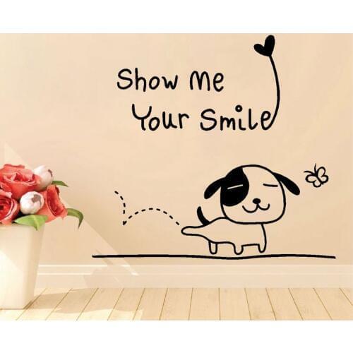 Happy Puppy With Show Me Your Smile Wall Stickers for Babies Bedroom Lovely Style Vinyl Decals Kids Room Nursery Art Decor L500
