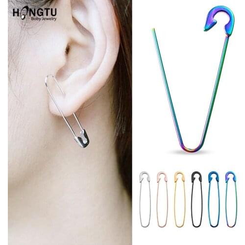 HONGTU Stainless Steel Safety Pin Long Stud Earrings for Women Men Personality 18G Eyebrow Ear Piercing Clip Cuff Jewelry Gift