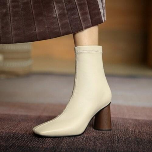 Stretch Beige Leather Women Autumn Short Bottes Side Zip Zapatillas Mujer Square Toe Chunky High Heels Bottine Femmes Black Bota