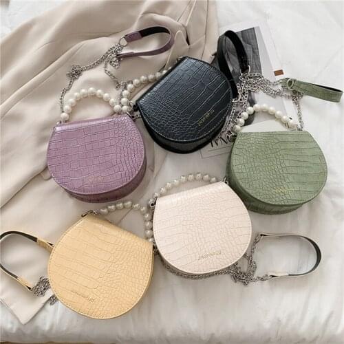 Retro Alligator Pattern Crossbody Bag For Women Buckle Pearl Chain Bag PU Leather Small Shoulder Bag Handbags