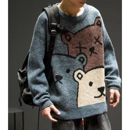 Sweater Men Cartoon Bear Winter Men Clothing Fashion Long Sleeve Knitted Pullover Sweater Oversized 2021 New Cotton Coat