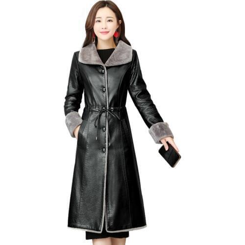 High-end Leather outerwear Female Mid-long Winter Womens Coats Plus Velvet Thick warm Fur One Lamb Cashmere Leather Jackets