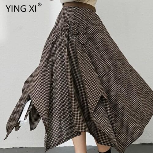 YING XI New Spring Casual Plaid Shirring A-line Mid Waist Lace-up Irregularity Mid-Calf Skirt Women