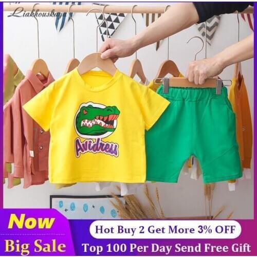 Boys Summer Suit Baby Cotton Cartoon Dinosaur Print T-Shirt+ Fashion Elastic Waist Shorts 2 Piece Sets Boy Casual Sportswear Set