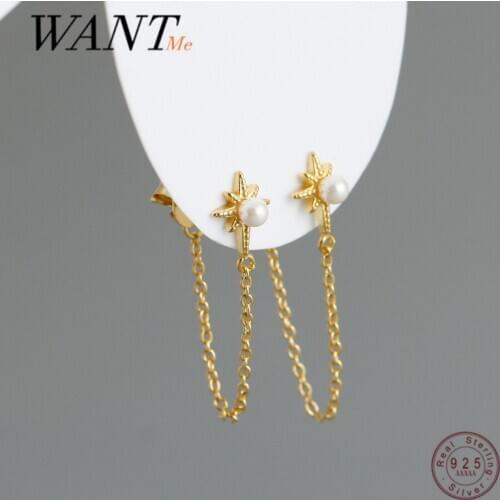 WANTME New Genuine 925 Sterling Silver Shining Star Natural Pearl Tassel Stud Earrings for Women Bohemian Party Fashion Jewelry