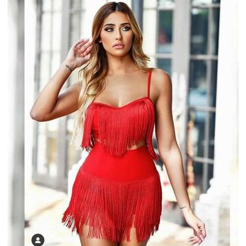 2019 Sexy Summer Women Red Two Pieces Set Tassel Bandage Tops & Shorts Spaghetti Strap Backless Celebrity Party Nightclub Outfit