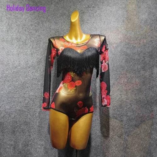 Long Sleeve Floral Fringe design Women Latin Dance Bodysuit Latin Dancing Tops Practise Tango Chacha Dancing Performamnce W399
