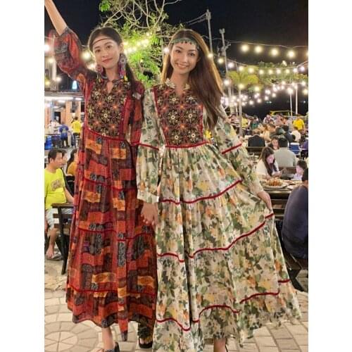 Thai National Style Retro Embroidery Temperament Show Thin Holiday Style Skirt Dress Summer Bohemian Beach Print Long Dress