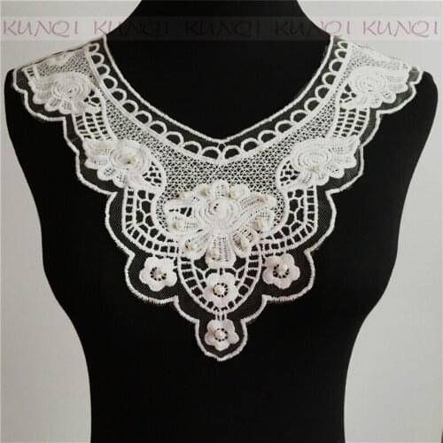 1Pc Embroidered Luxurious With Pearl White Lace Neckline Collar Applique Motif Patches Scrapbooking Sewing NC12