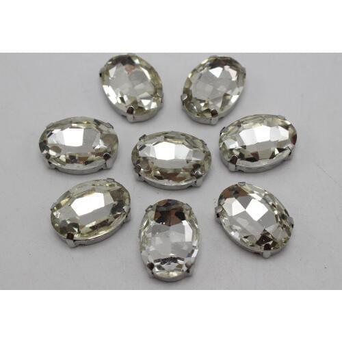 20 Silver Colour Clear Crystal Glass Oval Rose Montees 10X14mm Sew on Rhinestones Beads