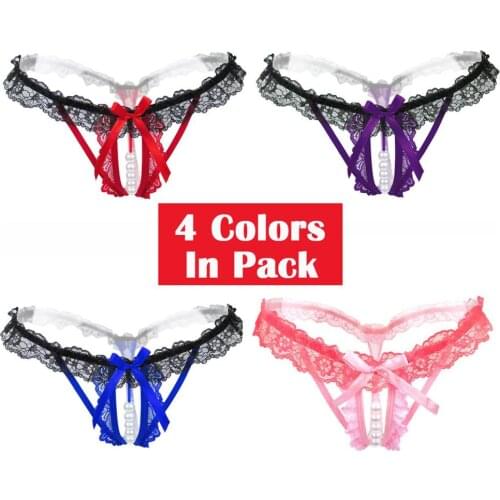 4 Colors Pack Sexy Massage Pearl G-String Thong Lace T-Back Panties Underwear Gift For Women