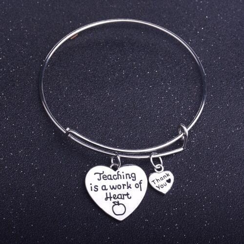 Bespmosp 12PC/Lot "Teaching Is A Work Of Heart Thank You"Apple Heart Pendant Bracelet Bangle Teachers Day Gifts Charm Jewelry