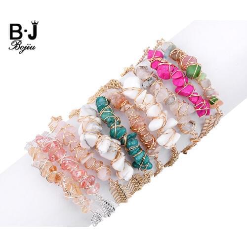 BOJIU Wrapped Natural Stretch Stone Charm Bracelet Adjustable Women Gold Silvery Copper Chain Irregular Gravel Bracelet BC258