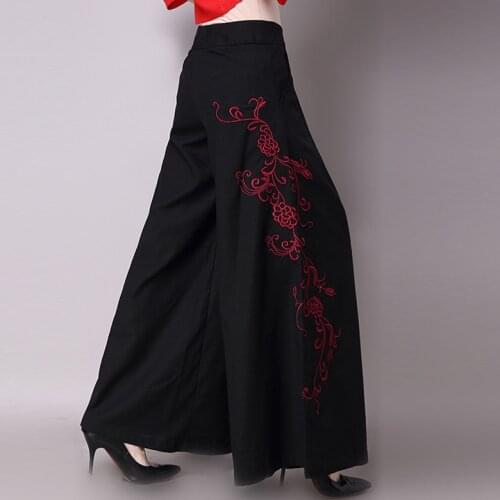 Chinese Style Harajuku Casual Long Trousers Loose Black Wide Leg Pantalones Ropa Women Vintage Cotton And Linen Embroidery Pants