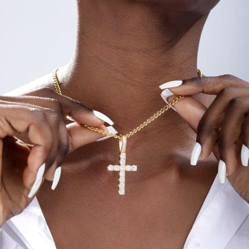 Trend Crucifix Christian Gold Crystal Necklace for Women Pendant Hip Hop Jewelry Stainless Steel Chain Couple Gift Wholesale