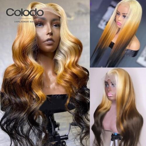 COLODO 613 Blonde Ombre Human Hair Wigs Pre Plucked Straight Lace Front Wig Remy Glueless Transparent Lace Wigs with Baby Hair