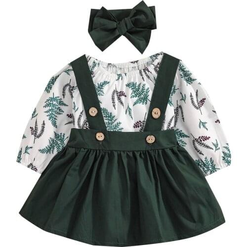 Toddler Kids Baby Girl Leaf Print Romper Top Solid Suspender Skirt Headband Autumn Cotton Long Sleeve Outfit Clothes Set