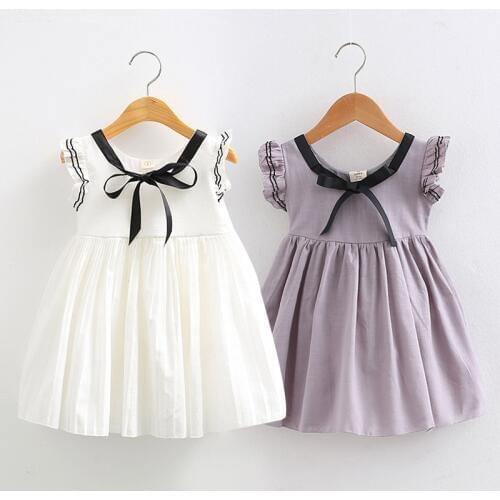 2021 Summer 2 3 4 6 8 10T Years Children Birthday Elegant Bow Fly Sleeve Kids Party Dance Prom Pleat Little Girl Princess Dress