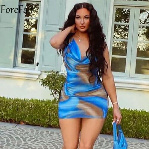 Forefair Deep V Neck Blue Y2k Sexy Dresses Summer Tie Dye Sleeveless Print Women Casual Fashion Bodycon Mini Dress Party 2021