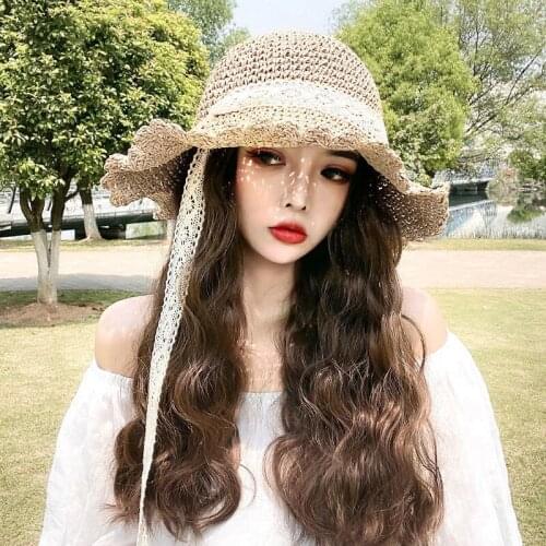 Summer Wigs sun hats long hair Wigs all-in-one hats fashion sun-shield hats long curly Hair decorative all-in-one hats
