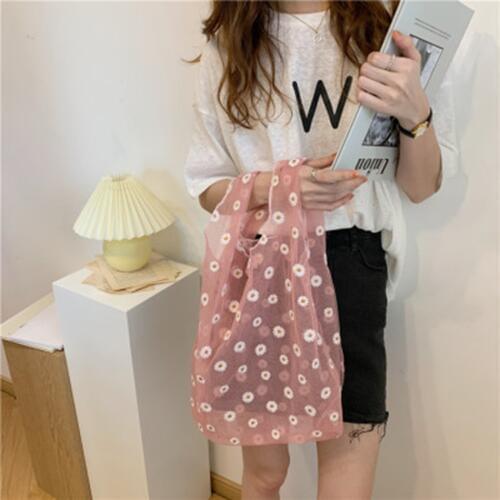 Summer Women Small Transparent Tote Mesh Cloth Bag Daisy Embroidery Handbag Eco Friendly Fruit Shopping Bag Purse For Girls