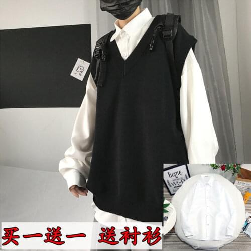 Autumn mens sleeveless sweater vest loose solid color bottom coat V-Neck Sweater Korean vest trend