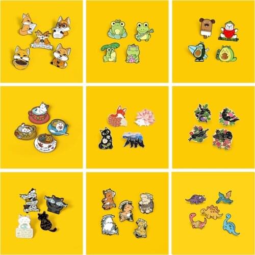 3-5PCS Enamel Pins Set Frog Cat Fries Fox Backpacks Lapel Pin Animal Plant Brooches Badge Jewelry Gifts for Friends Custom