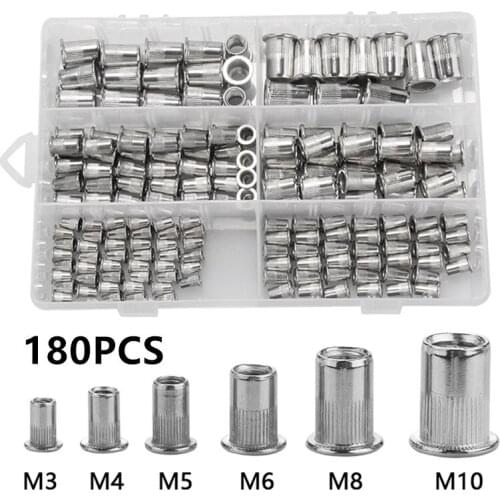 180PCS Stainless Steel Flat Head Rivet Nuts Set M3 M4 M5 M6 M8 M10 Insert Reveting Multi Size Stainless Steel Rivet Nut Set