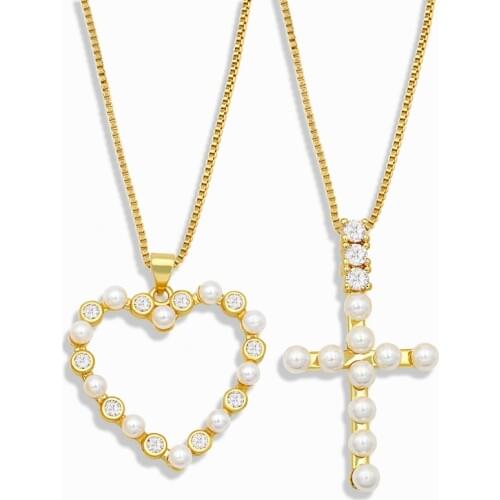FLOLA Big Pearl Heart Necklace For Women Gold Vermeil Cross Pendant Necklace CZ Zirconia Crystal Wholesale Jewelry Gifts nket36