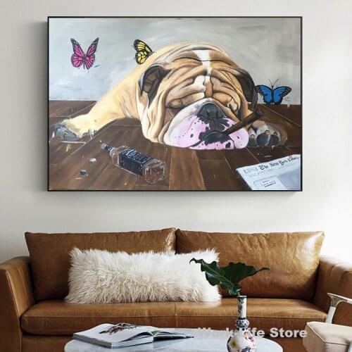 Drunk Asleep Smoking Bulldogge Cute Animal Wall Posters And Prints Painting Canvas Wall Art Decorative Pictures For Living Room