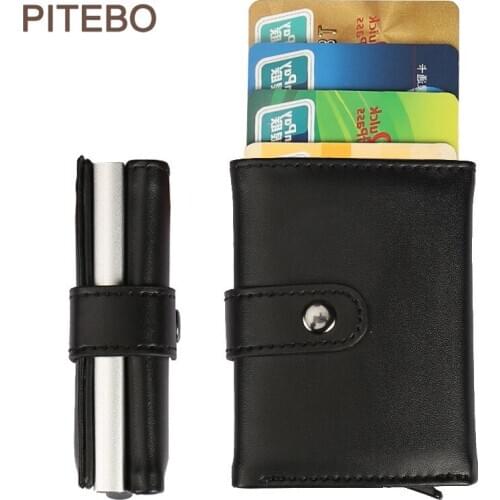 PITEBO Titanium Metal Card Box Shield Rfid anti-theft brush ultra-thin Card Wallet Wallet Fashionable Leather Card Case Card bag